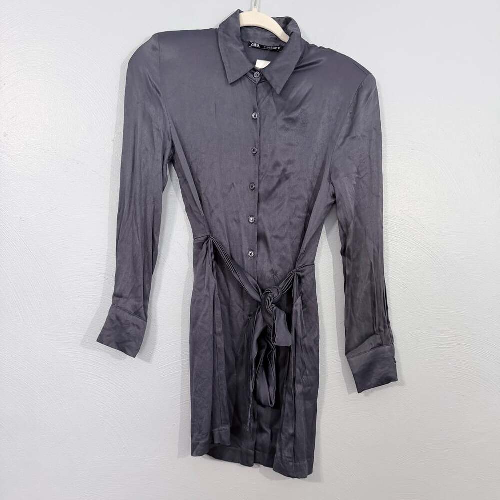 Zara Satin Shirt Dress Size S Grey With Knot